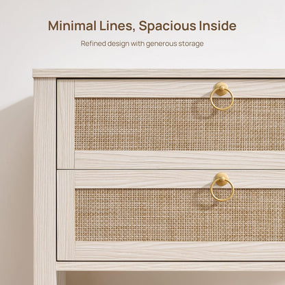 Boho Rattan Nightstand Set of 2, 26.7" Extra Wide Bedside Table with 2 Drawers & Open Shelf, White Oak Large Side Table for King Size Bed, Modern Coastal End Table for Master Bedroom