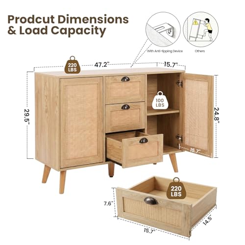 47.2-Inch Rattan Sideboard Buffet, 3 Drawers, 2 Doors, Natural, view 3