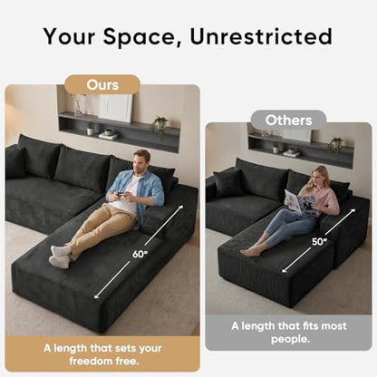 103" L Shaped Sectional Boneless Couch for Living Room, Modular Cloud Sofa | Modern Comfy Deep Seat Memory Foam Couch in Box, No Assembly, Right Facing Chaise (1CM Wide Striped Corduroy, Black)