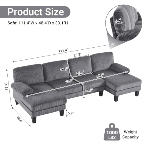 110" Sectional Couches for Living Room,U Shaped Couch with Double Chaise, 4-Seat Sofa Set with Corduroy Fabric for Home Furniture,Grey