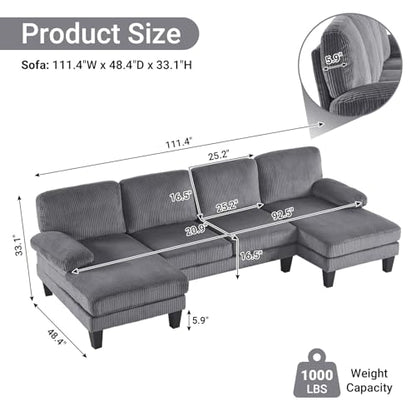 110" Sectional Couches for Living Room,U Shaped Couch with Double Chaise, 4-Seat Sofa Set with Corduroy Fabric for Home Furniture,Grey