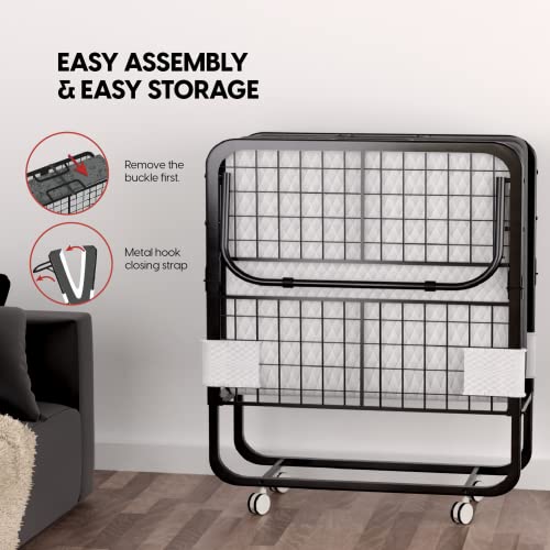 Folding Bed with Mattress - 75x31 Cot Size Frame - Portable Rollaway Guest Bed with 5-inch Memory Foam Mattress - Space-Saving Foldable Design for Easy Storage (31 Inch)