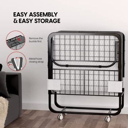 Folding Bed with Mattress - 75x31 Cot Size Frame - Portable Rollaway Guest Bed with 5-inch Memory Foam Mattress - Space-Saving Foldable Design for Easy Storage (31 Inch)