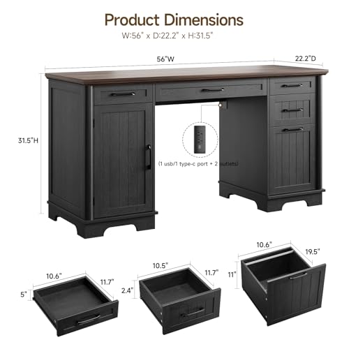 56" Large Executive Desk with Drawers,Modern Farmhouse Home Office Desk with Charging Station, Wood Computer Writing Desk with File Drawer for Study Work Bedroom Living Room Black