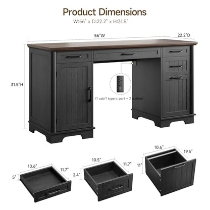 56" Large Executive Desk with Drawers,Modern Farmhouse Home Office Desk with Charging Station, Wood Computer Writing Desk with File Drawer for Study Work Bedroom Living Room Black