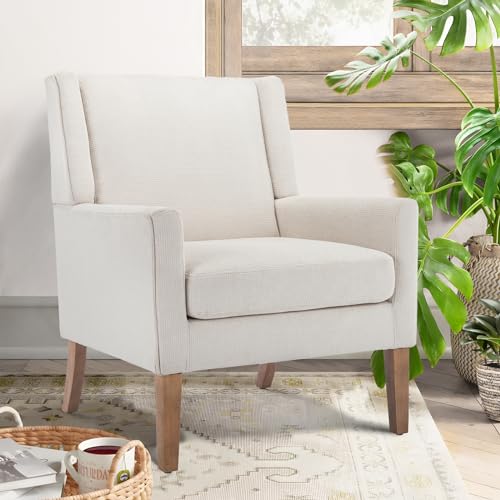 Modern Wingback Living Room Chair, Upholstered Fabric Accent Armchair, Single Sofa Chair with Lounge Seat and Wood Legs for Office/Bedroom/Reading Spaces, Beige