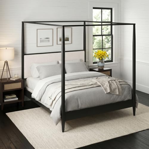 Queen Size Solid Wood Canopy Bed Frame with Upholstered Headboard, view 4