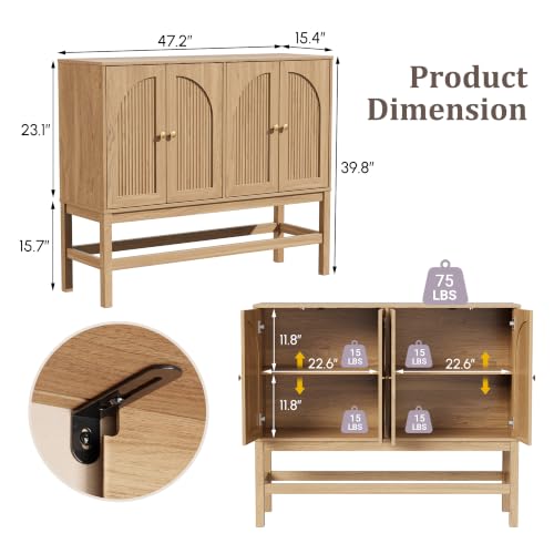 47.2'' Fluted Sideboard Buffet Cabinet, Wooden Storage Cabinet, view 3