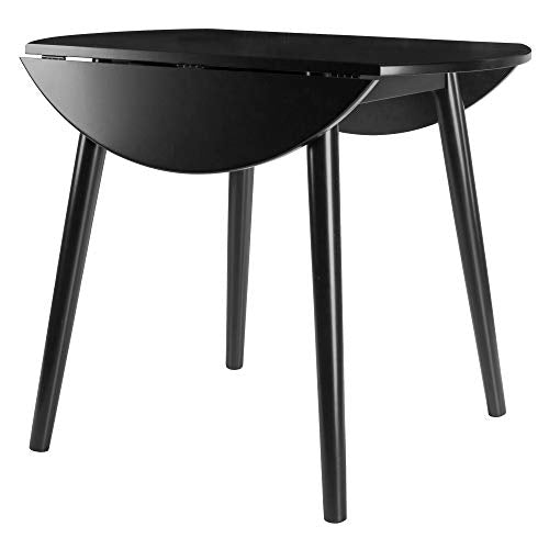 Wood Moreno Round Drop Leaf Table - Mid-Century Modern Style, Compact Size, Solid Wood, Black Finish, Console Function, Easy Assembly