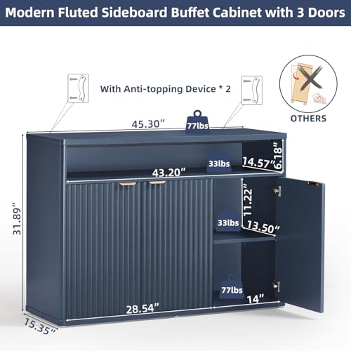 45-Inch Fluted Buffet Cabinet with 3 Doors,Dark Blue, view 3