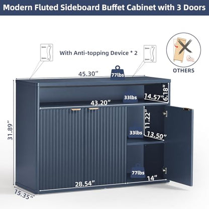 45-Inch Fluted Buffet Cabinet with 3 Doors,Dark Blue, view 3