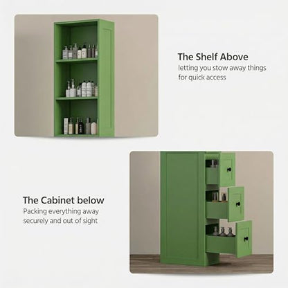 Tall Narrow Storage Cabinet, Anti-Tipping Floor Cabinet with 2 Adjustable Shelves & 3-Level Drawers for Small Space, Home, Bathroom, Kitchen, Laundry (White) (Green)