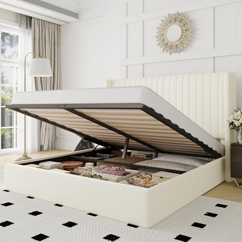 Queen Size Lift Up Storage Bed Frame Channel Tufted Headboard Cream, view 2