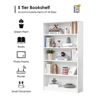 White Bookshelf for Bedroom 5 Shelf Office Bookcase 60 Inches Tall Modern Wood Bookshelf for Living Room 5 Tier Wide Manga Bookshelf Library Bookcase