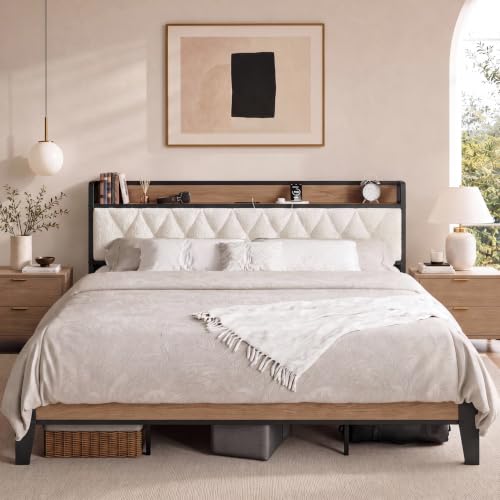 King Size Bed Frame with Headboard & Charging Station,Wood and Cream, view 2