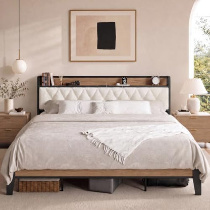 King Size Bed Frame with Headboard & Charging Station,Wood and Cream, view 2