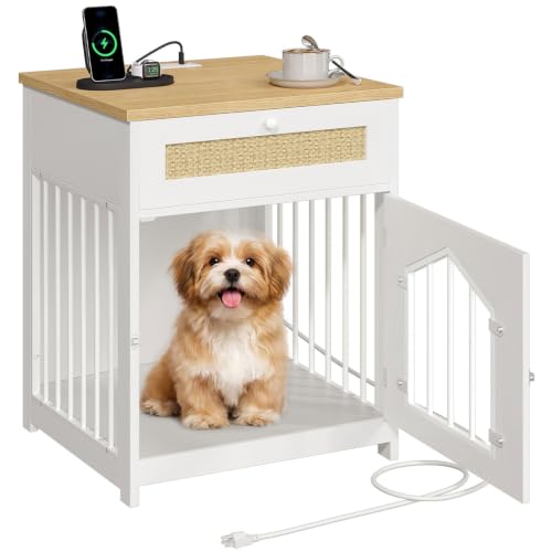 Dog Crate Furniture with Charging Station, Wooden Dog House with Storage Drawer, view 2