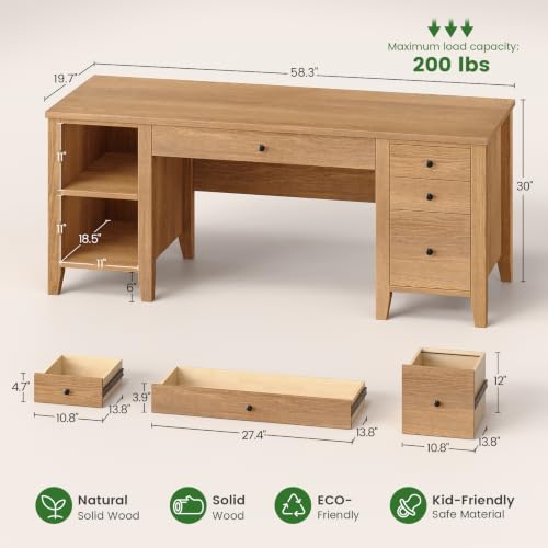 58'' Solid Pine Wood Computer Desk, view 3