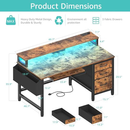 Gaming Desk with LED Lights and Power Outlets, 47 Inch Home Office Desks with Keyboard Tray, Computer Desk with File Drawers Cabinet, Writing Table PC Desks with Monitor Stand, Rustic Brown