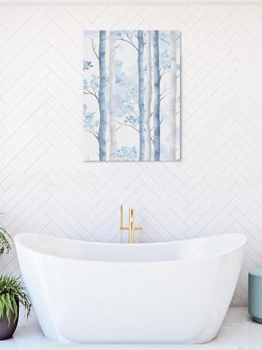 NuYeBiofx Watercolor Blue Trees Leaves Canvas Wall Art Prints,30"x20" Framed Picture Artwork Retro Forest Printed Canvas Oil Painting for Living Room Bedroom Office,Ready to Hang