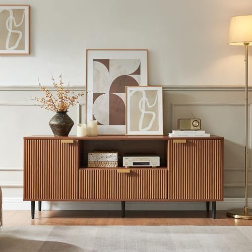 Modern Fluted TV Stand for 65 Inch TVs with Drawer, Walnut, view 6