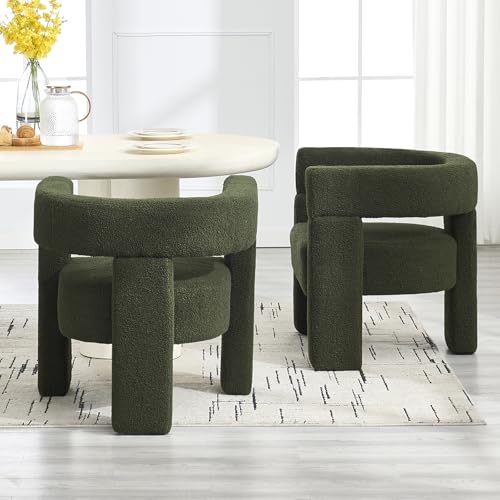 Boucle Sherpa Dining Chairs Set of 4, Comfy Upholstered Side Armchairs Barrel Side Chairs with 3 Legs, Mid Morden Century Dining Room Chairs for Bedroom,Kitchen,Dining,Living,Balcony,Reception, Green