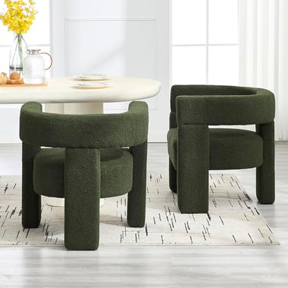 Boucle Sherpa Dining Chairs Set of 4, Comfy Upholstered Side Armchairs Barrel Side Chairs with 3 Legs, Mid Morden Century Dining Room Chairs for Bedroom,Kitchen,Dining,Living,Balcony,Reception, Green