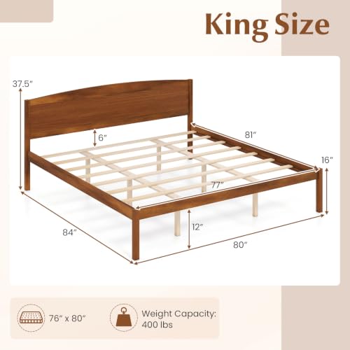 King Size Wooden Bed Frame with Curved Headboard, Wood Slat Support, view 3