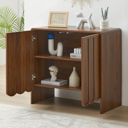 Sideboard Buffet Cabinet, Accent Storage Cabinets with 2 Doors, Farmhouse Wood Cabinet with Adjustable Shelves and Wave Panel for Living Room, Dining Room, Entry - Walnut