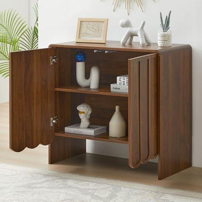 Sideboard Buffet Cabinet, Accent Storage Cabinets with 2 Doors, Farmhouse Wood Cabinet with Adjustable Shelves and Wave Panel for Living Room, Dining Room, Entry - Walnut