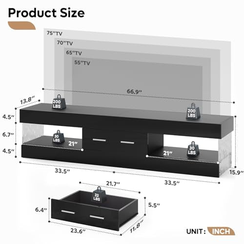 67" Modern TV Stand for 75 Inch TV, LED Entertainment Center, Black, view 3