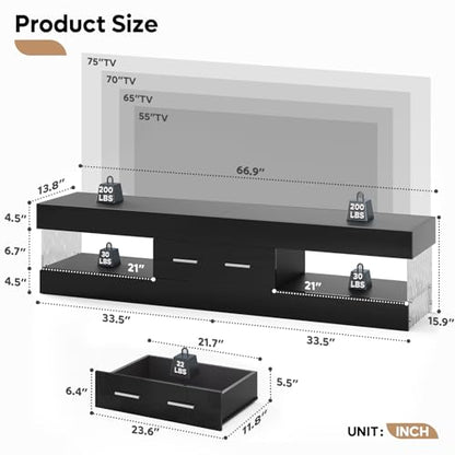 67" Modern TV Stand for 75 Inch TV, LED Entertainment Center, Black, view 3