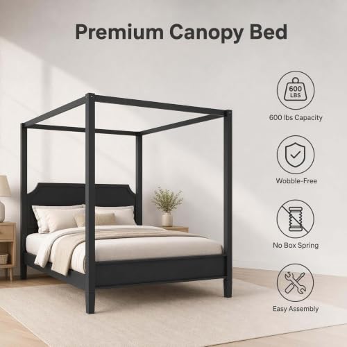 Black Wooden Canopy Bed Frame Queen with Tall Headboard, view 8