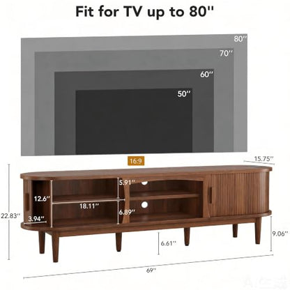 69" Fluted TV Stand for TVs Up to 80" with Charging Station, Walnut, view 3