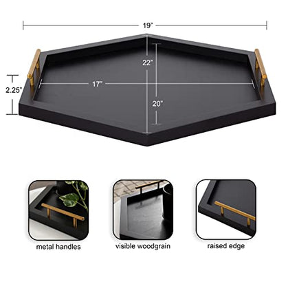 Halsey Hexagon Decorative Wooden Tray with Polished Metal Handles; 22 x 19; Black and Gold; Modern Glam Wood Hexagon Serving Tray for Display or Decoration