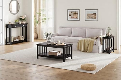 Mission End Tables Set of 2, Narrow Side Tables for Small Spaces, Night Stands with Storage Shelf for Living Room and Bedroom, Black