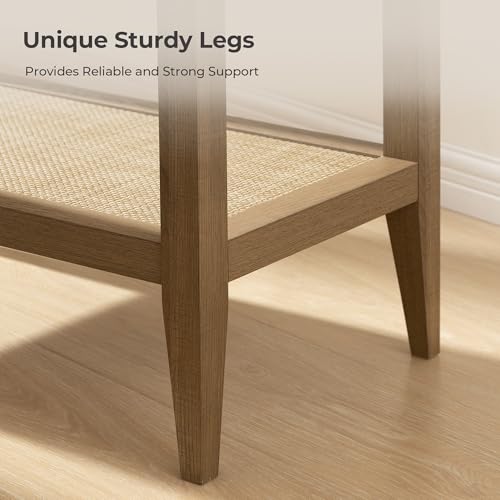 Rattan Nightstands Set of 2 Bedside Table - Boho Narrow End Table Living Room Set of 2 Side Table with Storage Shelves for Small Space - Natural Oak