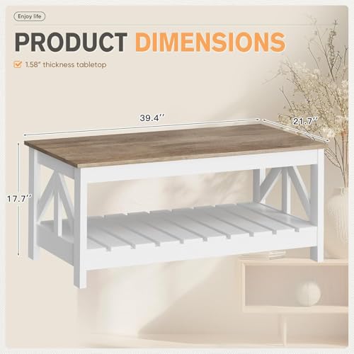 Farmhouse Coffee Table, Coffee Tables for Living Room, Farmhouse Square Coffee Table with Storage, Couch Table, Small Tables for Small Spaces, Gray & White