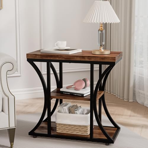 3 Tier End Table with Storage, Narrow End Table for Living Room and Bedroom, Small Space Wood and Metal Side Table, Rustic Brown