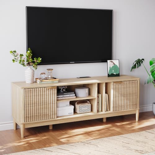 Mid Century Modern Fluted TV Stand for 75" TV, Natural Oak, view 3