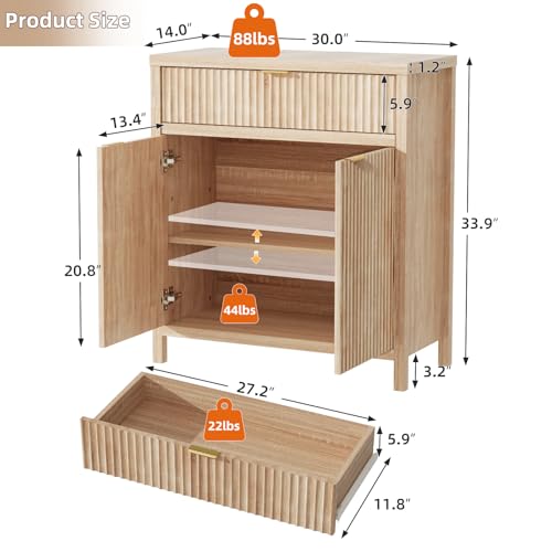 Wooden Sideboard Buffet Cabinet with Drawer and 2 Doors, Modern Fluted Storage Cabinet for Dining Room, Kitchen, Living Room, Entryway – Oak Finish