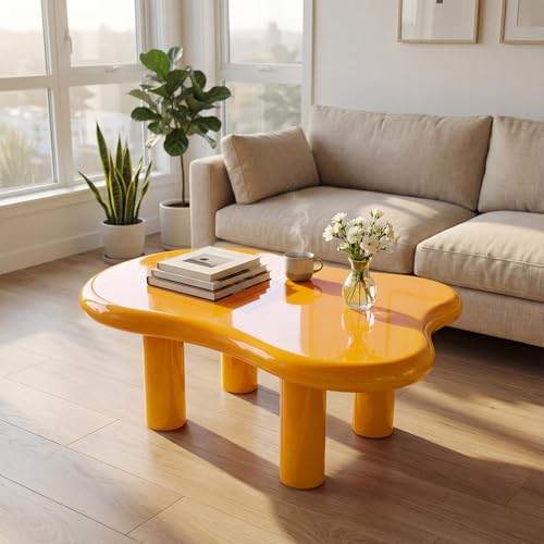 35" Modern Irregular Cloud Coffee Table Yellow Center Desk Minimalist Low Profile Tea Stand Unique Pebble Shape Sofa Side Table for Living Room Bedroom Office Apartment Furniture