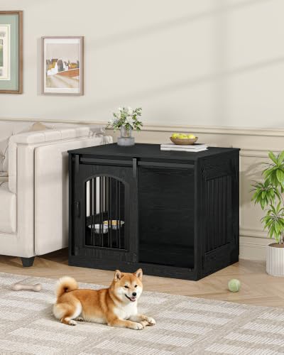 31.5 in Dog Crate Furniture Indoor Dog Kennel with 2 Feeding Bowls, view 4