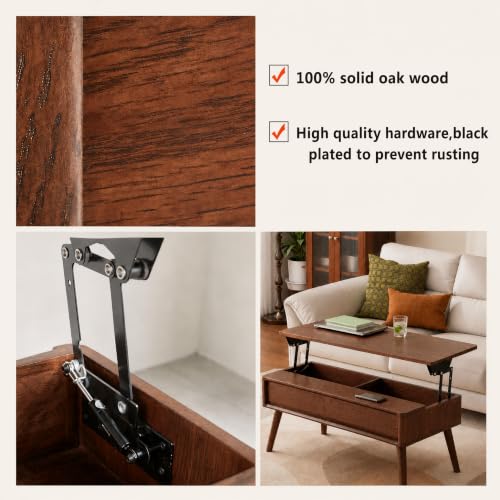 Solid Oak Wood Lift Top Coffee Table for Living Room, Fully-Assembled, view 7