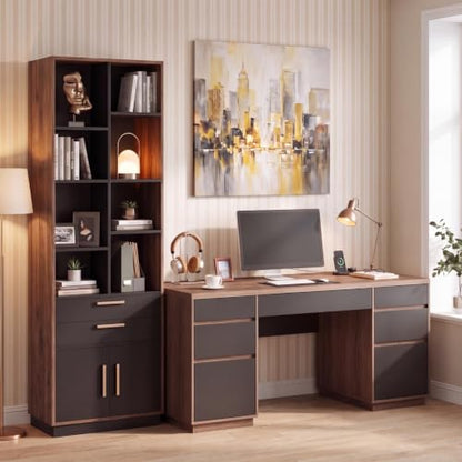 63'' Wood Executive Desk with 7 Drawers, Tall Bookcase, 8 Storage Cubes, view 2