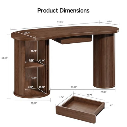 59 Inches Fluted Office Desk with Storge, Bean-Shaped Computer Desk with Drawer, Mid-Century Modern Curved Corner Desk with Sliding Door for Work and Study,Walnut