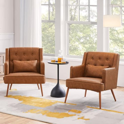 Yaheetech Accent Chair, Living Room Chair Mid Century PU Leather Armchair Lumbar Pillow, Comfy Upholstered Reading Chair Wood Leg Bedroom Brown 2PCS