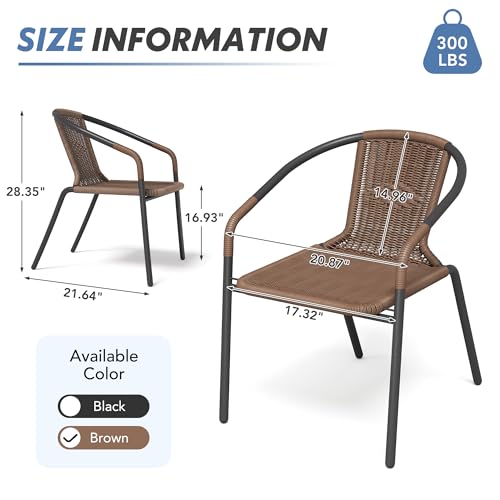 Rattan Patio Dining Chairs Set of 4, Wicker Stackable Outdoor Chairs with All Weather Curved Back & Metal Frame, for Indoor Restaurant Porch Deck, Brown