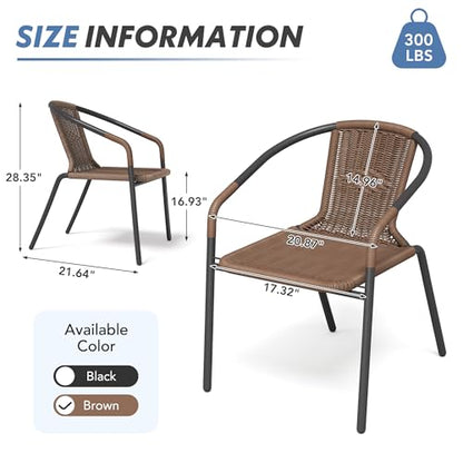 Rattan Patio Dining Chairs Set of 4, Wicker Stackable Outdoor Chairs with All Weather Curved Back & Metal Frame, for Indoor Restaurant Porch Deck, Brown