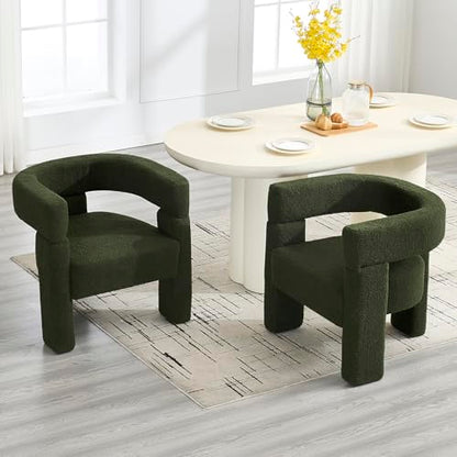 Boucle Sherpa Dining Chairs Set of 4, Comfy Upholstered Side Armchairs Barrel Side Chairs with 3 Legs, Mid Morden Century Dining Room Chairs for Bedroom,Kitchen,Dining,Living,Balcony,Reception, Green
